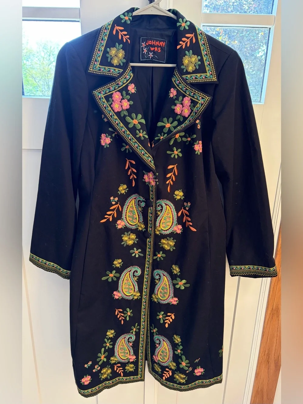 Johnny Was Black Jacket Duster Pink Yellow and Green Floral Embroidery Coat $399 - Picture 2 of 8